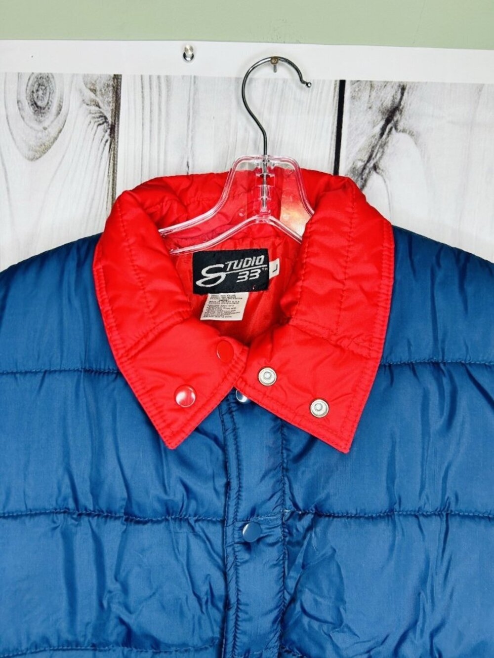 Studio 33 Puffer Vest Sz L Navy Blue Red Snap Up Sleeveless Vintage MINT - Picture 2 of 9